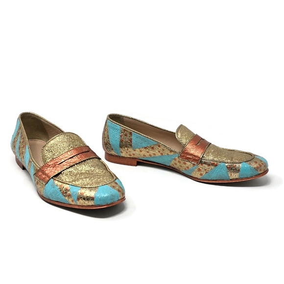 One Of A Kind Hand Painted Crinkle Gold Penny Loafers J Crew Women's 8 - Picture 2 of 14